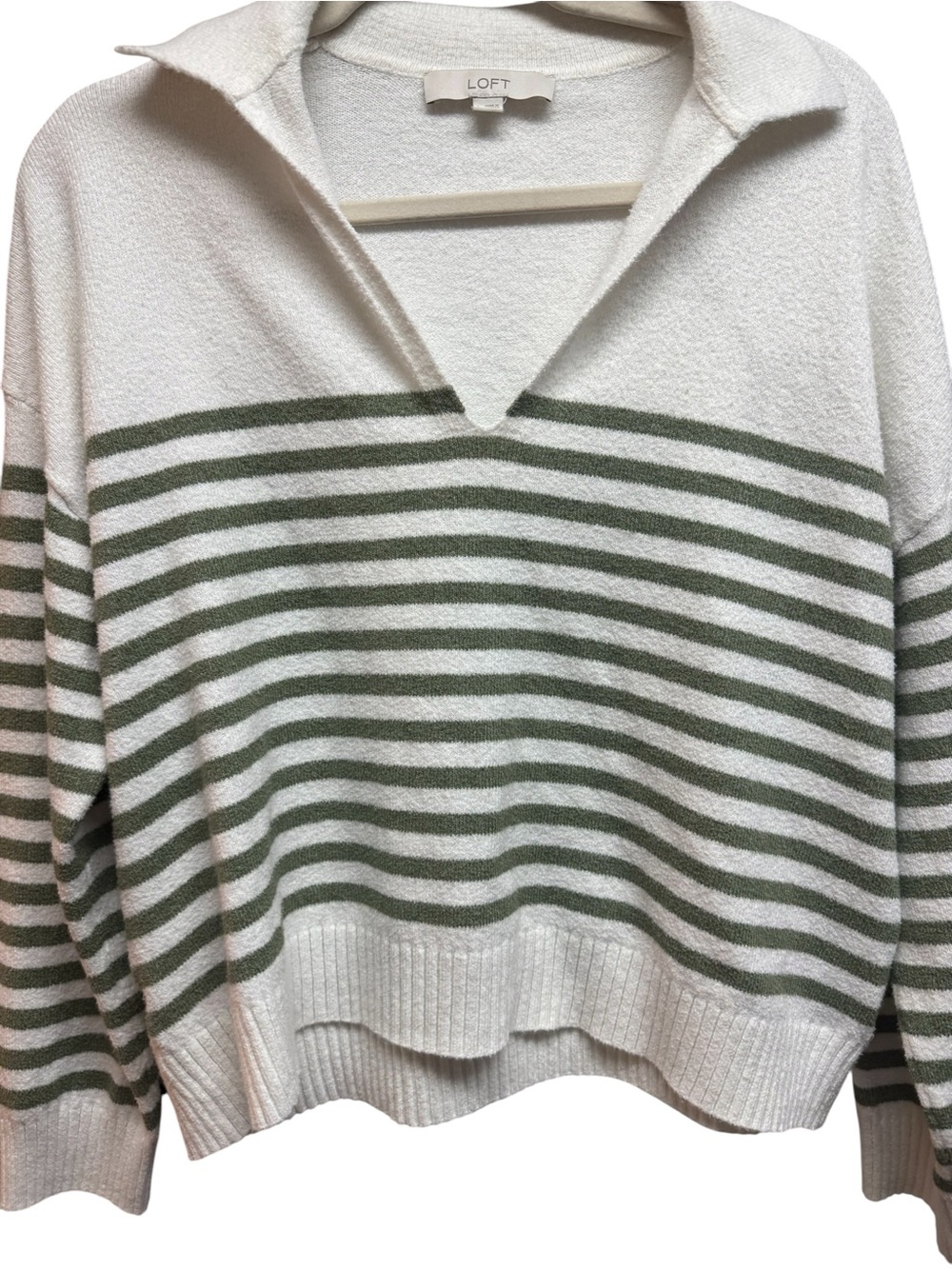 LOFT Cream Sweater with Olive Green Stripes V-Neck Collar